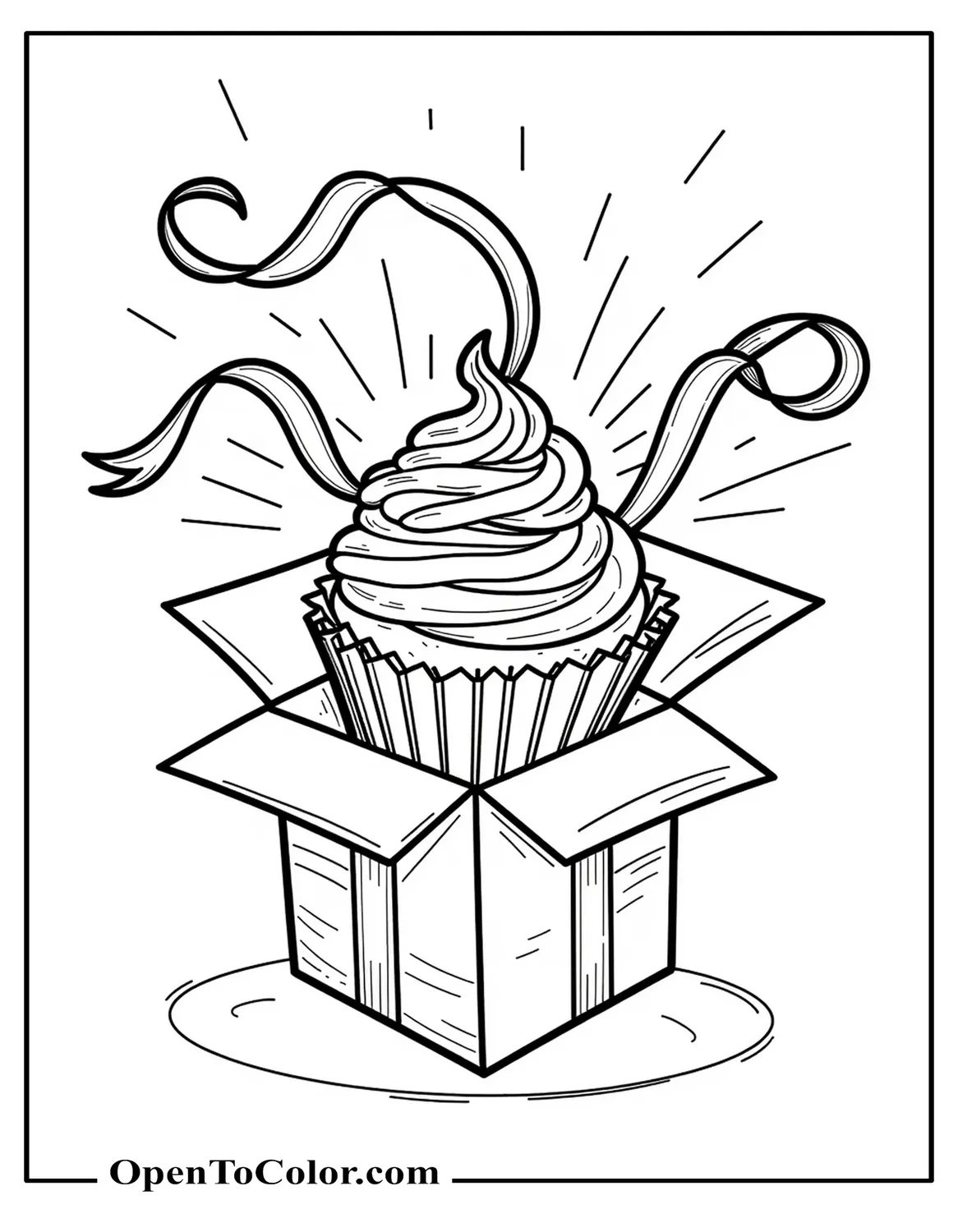 Free Coloring Page of Gift-Box Riding Cupcake Bursting Ribbons Like a Surprise