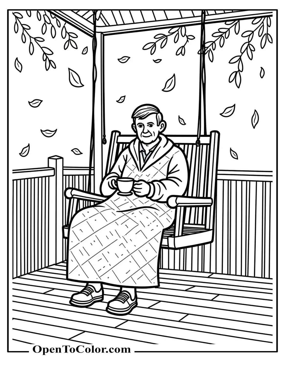 Free Coloring Page of an Elderly Man Sipping Tea on a Porch Swing Wrapped in a Quilt as Leaves Fall