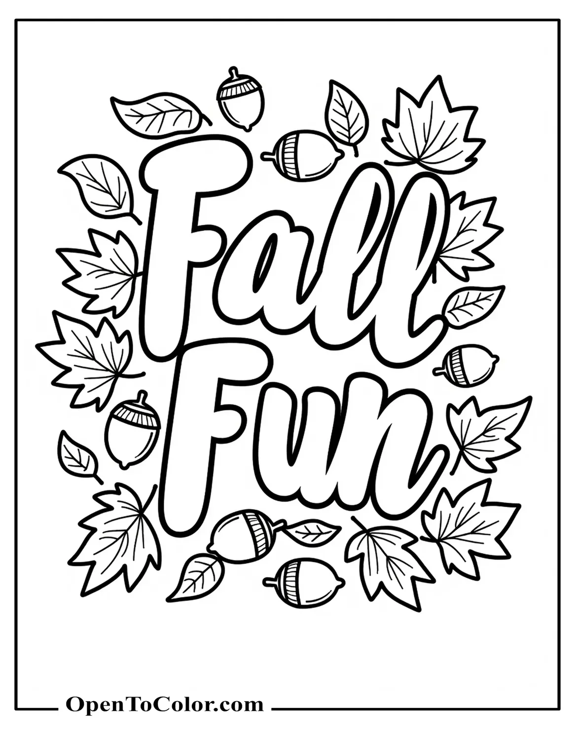 Bubble Letters “Fall Fun” Coloring Sheet PDF Surrounded By Swirling Leaves And Acorns