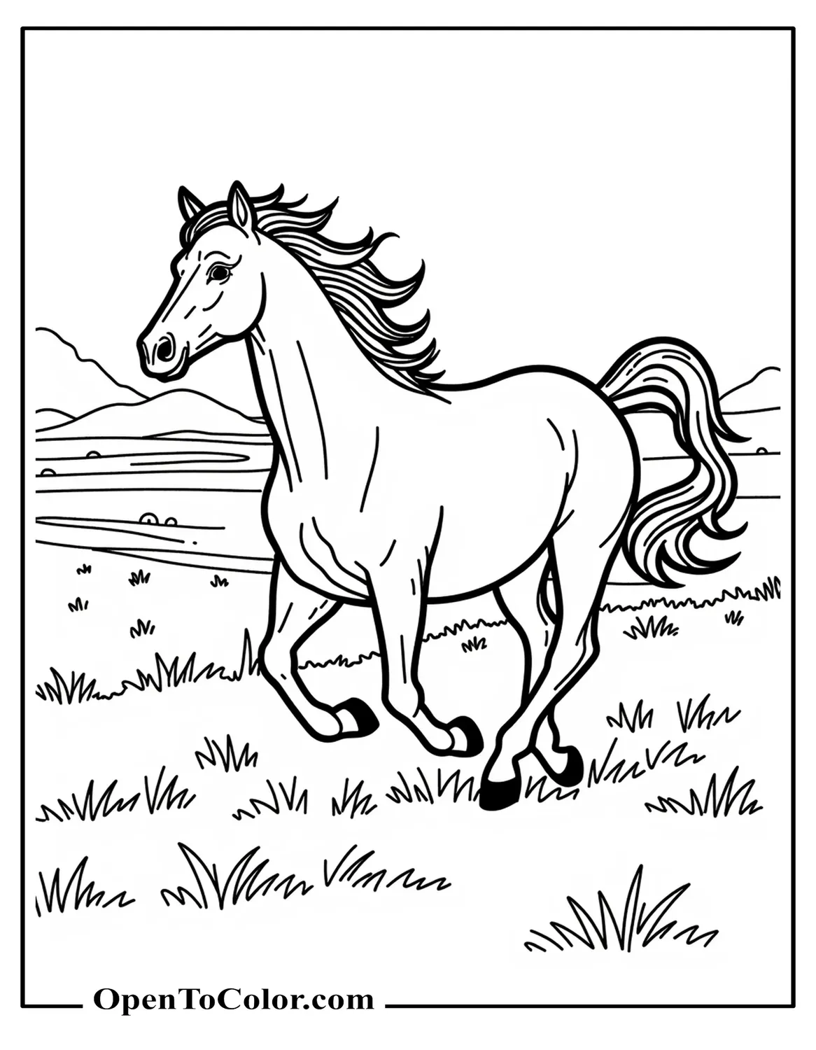 Printable Coloring Page of Horse Galloping Across Open Prairie, Mane Flowing Freely