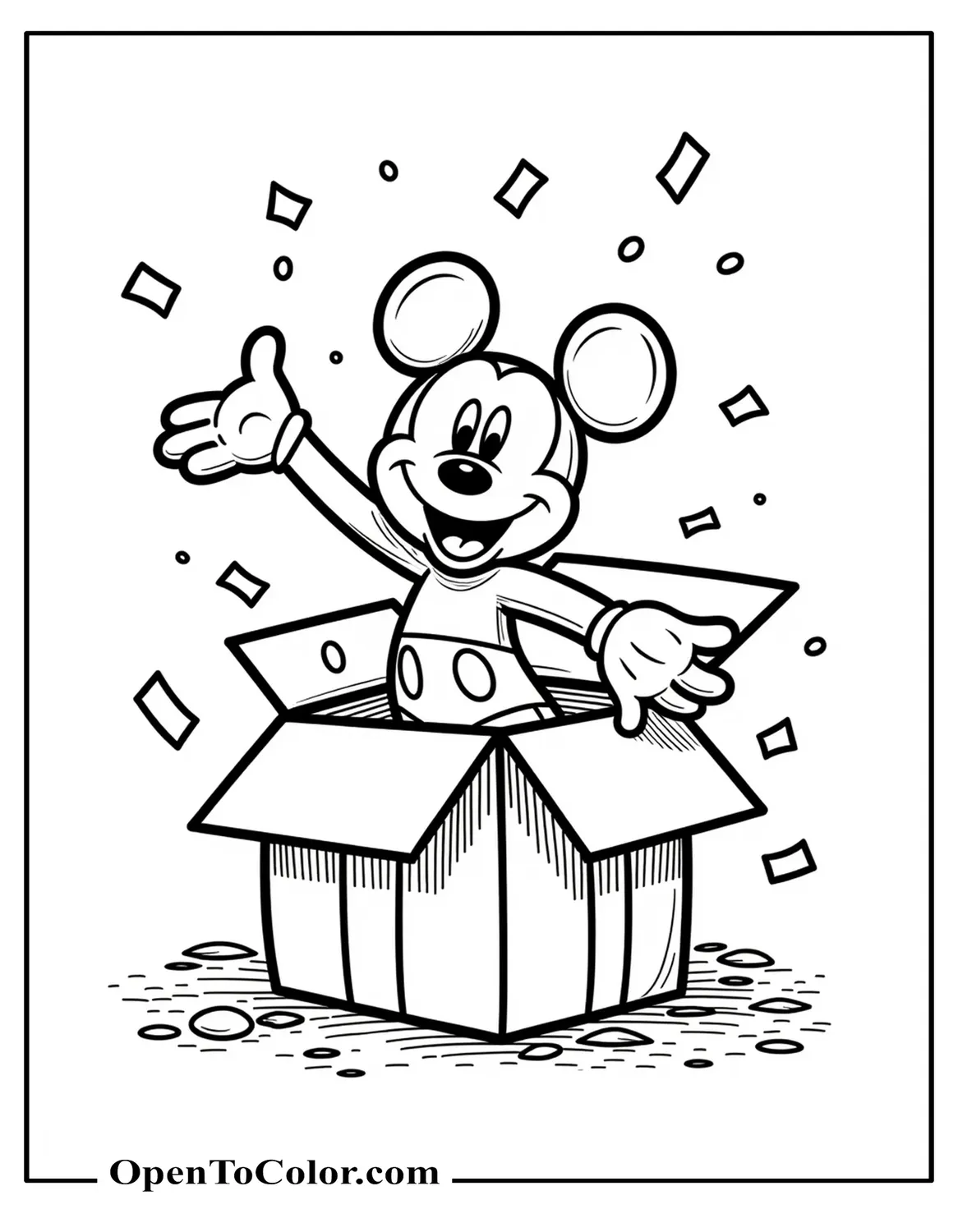 Mickey Mouse popping out of an open gift box with confetti, playful cartoon scene, coloring sheet PDF.