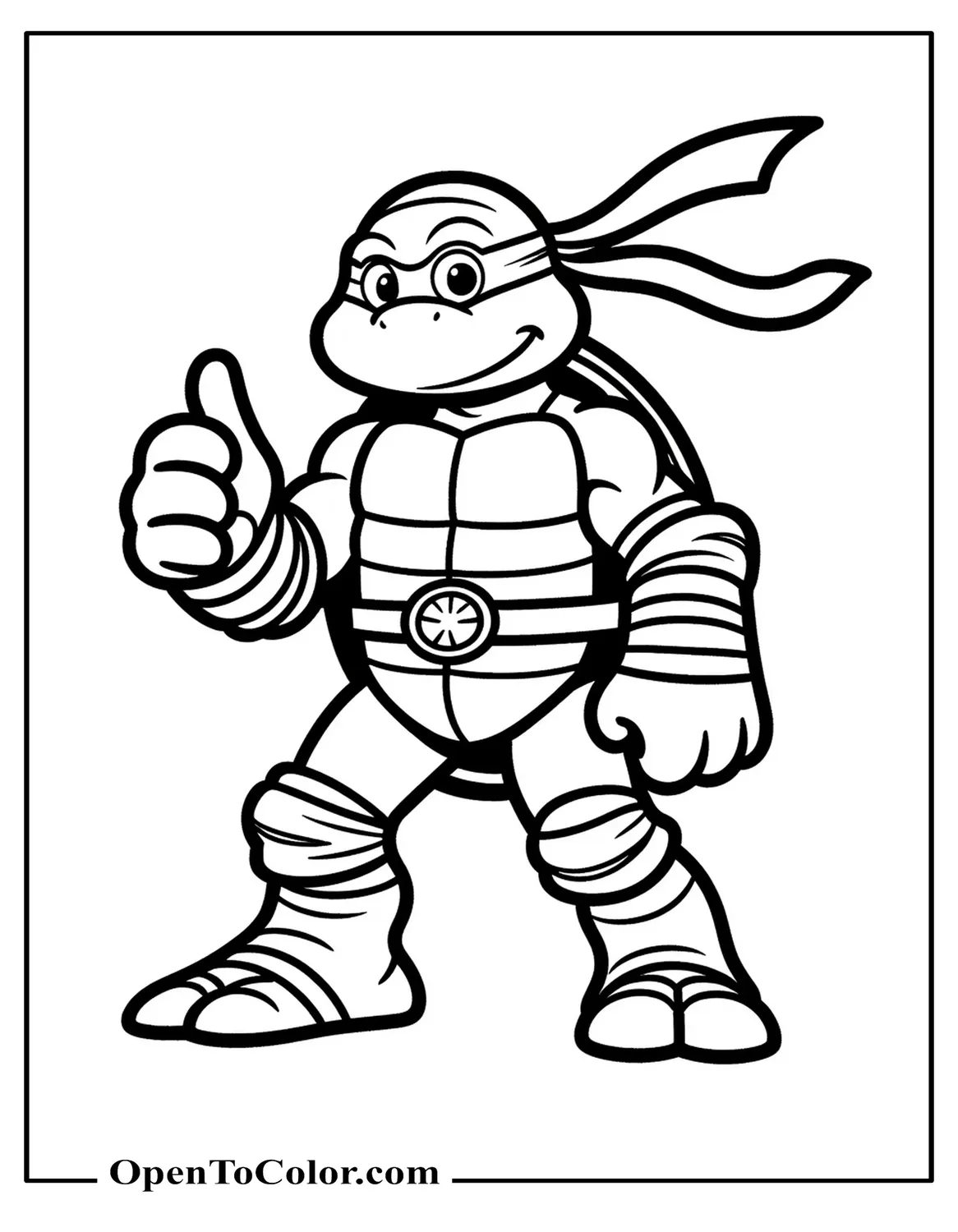 Friendly Ninja Turtle Donatello Giving Thumbs-Up Coloring Page, Clear Background, Clean Outline, PDF