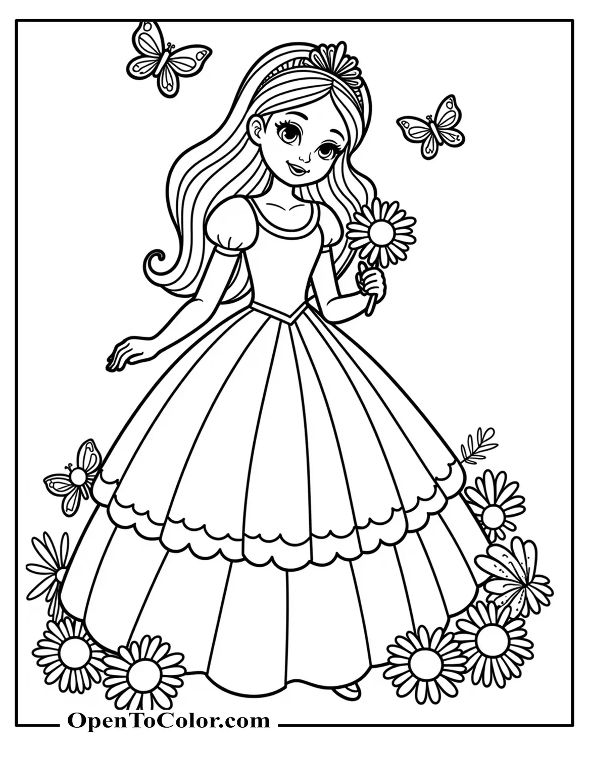 Free Coloring Page of Princess in a Layered Dress Holding a Daisy Flower with Butterflies Around