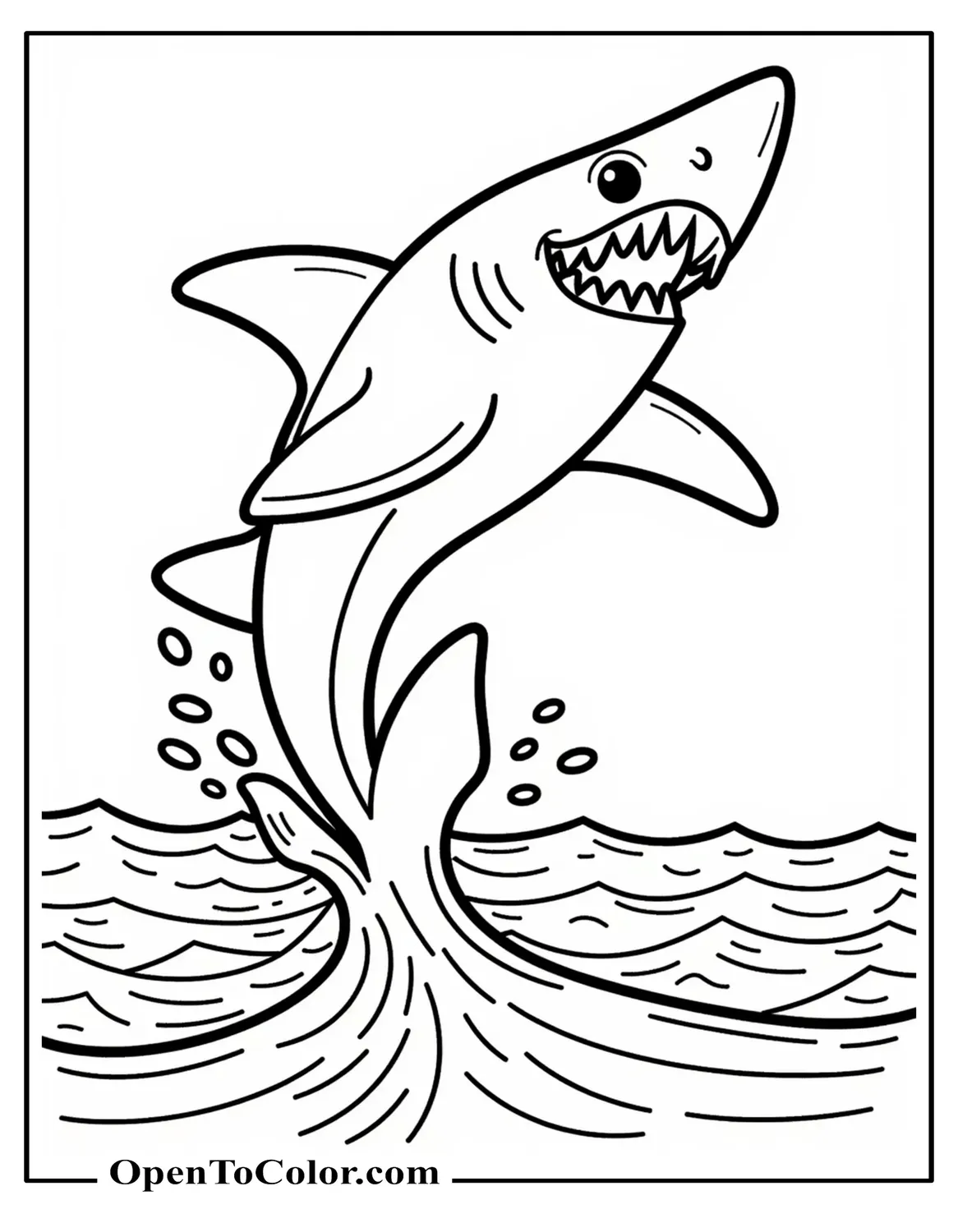 Printable Coloring Page of Shark Jumping Above Ocean Waves With Splash