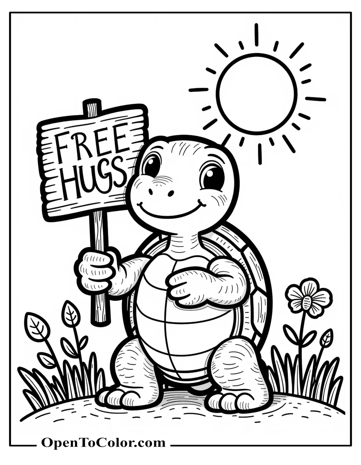Printable Coloring Sheet of a Turtle Holding a Wooden Sign That Says “Free Hugs” in a Sunny Meadow