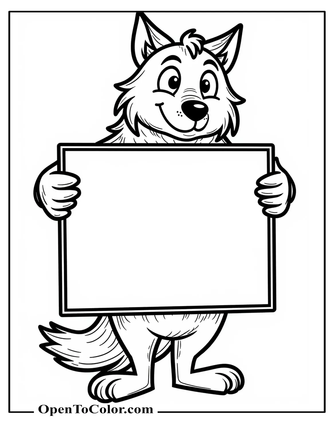 Friendly Wolf Offering A Blank Signboard For Message, Simple Cartoon Scene, Coloring Sheet PDF