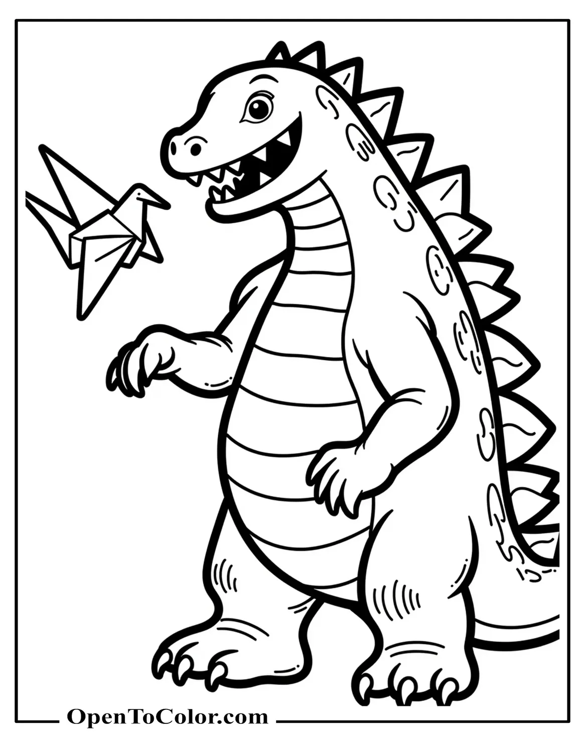 Free Coloring Sheet of a Friendly Godzilla Teaching Origami Cranes
