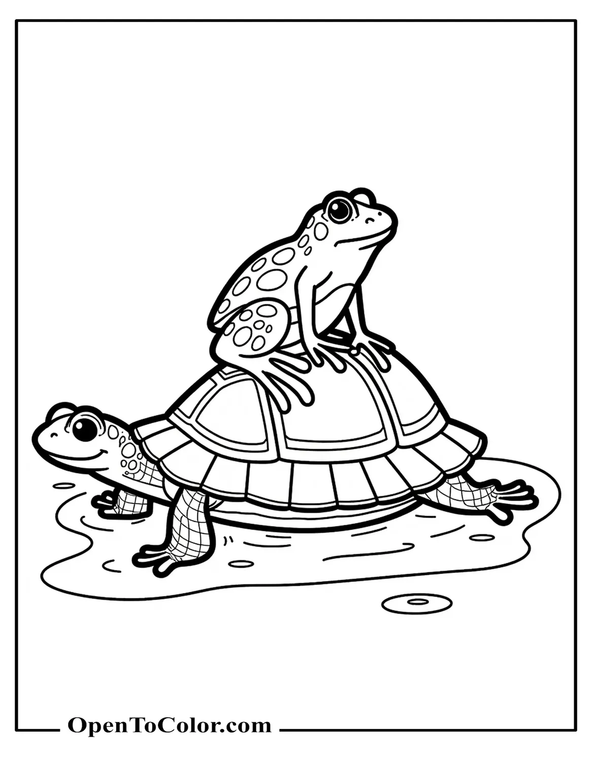 Printable Coloring Page of a Frog Sitting Atop a Turtle Shell While They Float Gently on a Pond
