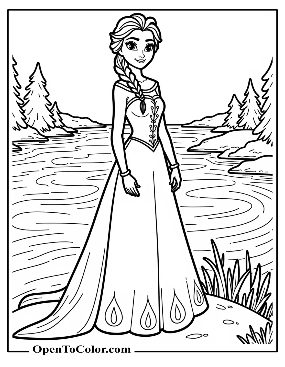 Printable Coloring Sheet of Elsa from Frozen 2 with Hair Down, Standing Beside Enchanted River