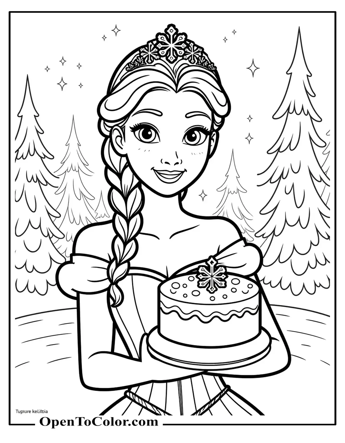 Free Coloring Sheet of Princess with Snowflake Crown Holding Cake Shaped Like Snowflake, Icy Backdrop