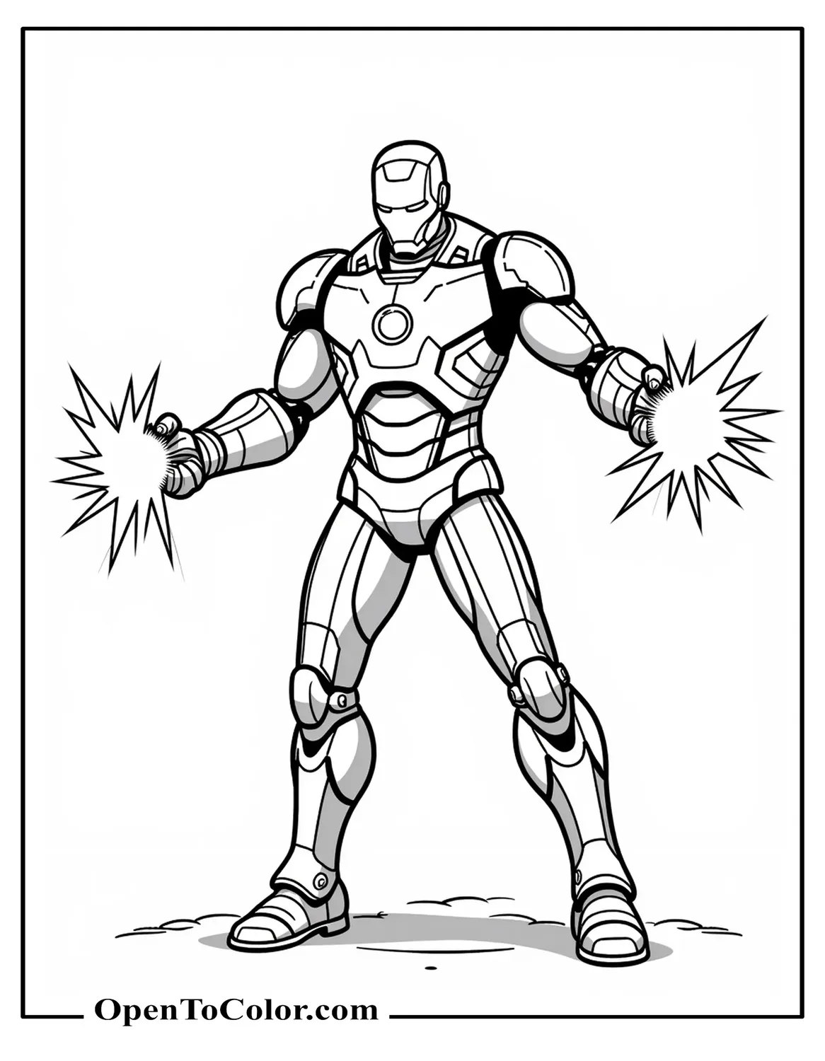 Full-body Iron Man coloring page aiming twin repulsor beams straight ahead PDF