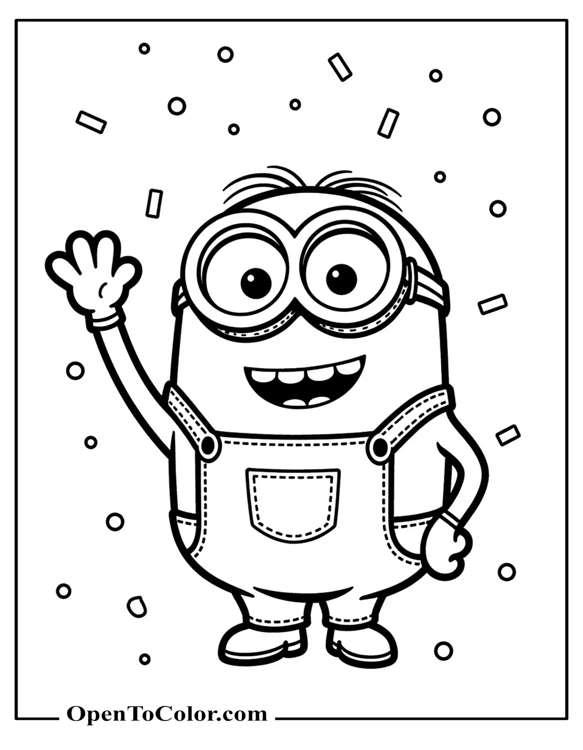 Printable Detailed Full-Page Cartoon Minion Waving with Confetti Background Coloring Sheet