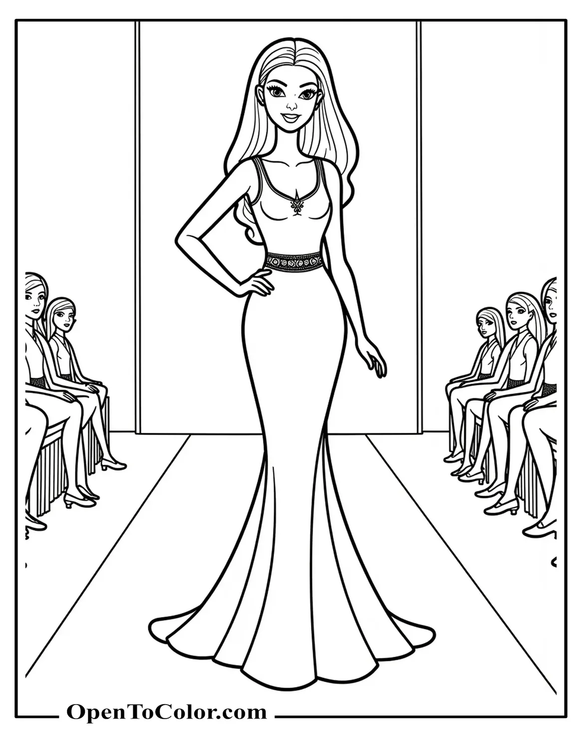 Printable Fashion Barbie In A Long Gown Posing Full Body On A Runway Coloring Page