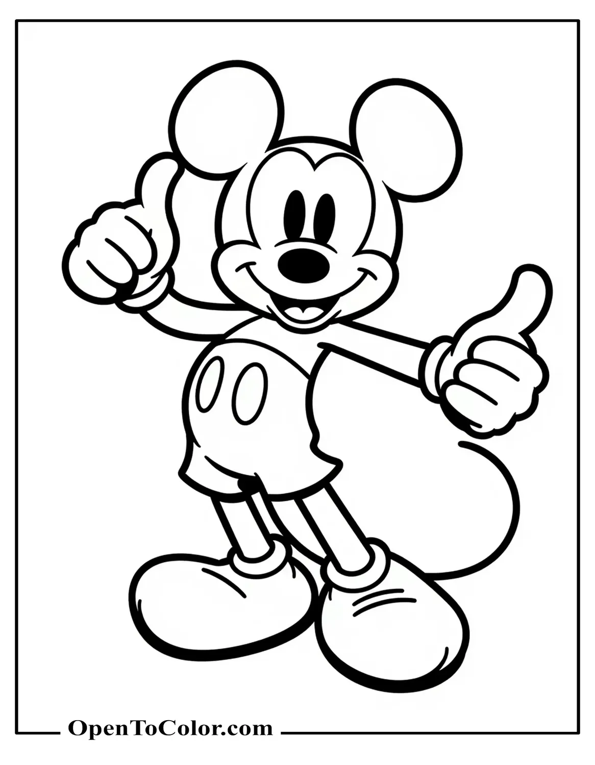 Full‑body Mickey Mouse coloring page striking a heroic pose, strong clean outlines, printable.