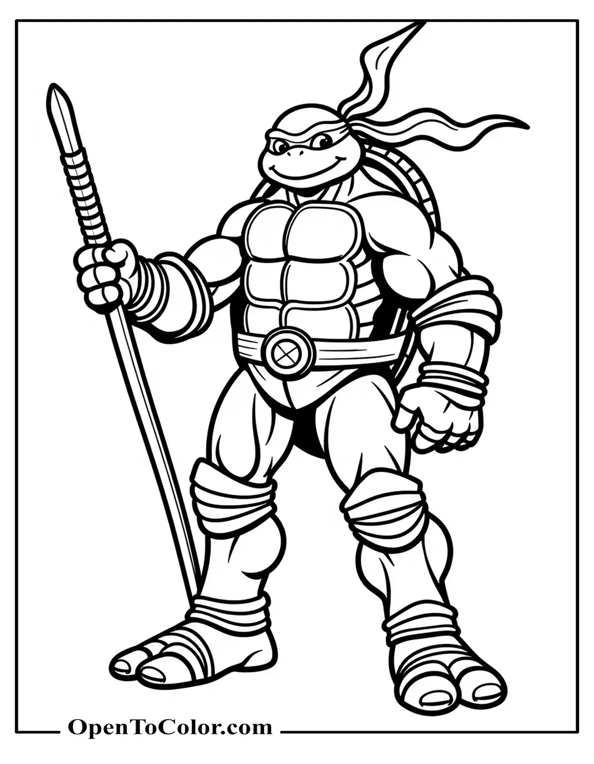 Free Full-Size Ninja Turtle Donatello Coloring Sheet Standing Heroically With Bo Staff And Flowing Bandana