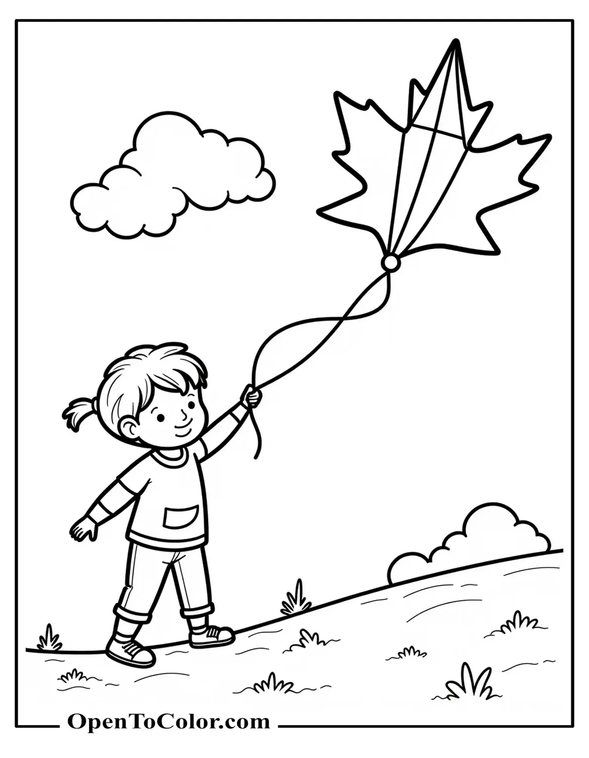 Child flying a kite shaped like a maple leaf on a windy hill coloring sheet PDF