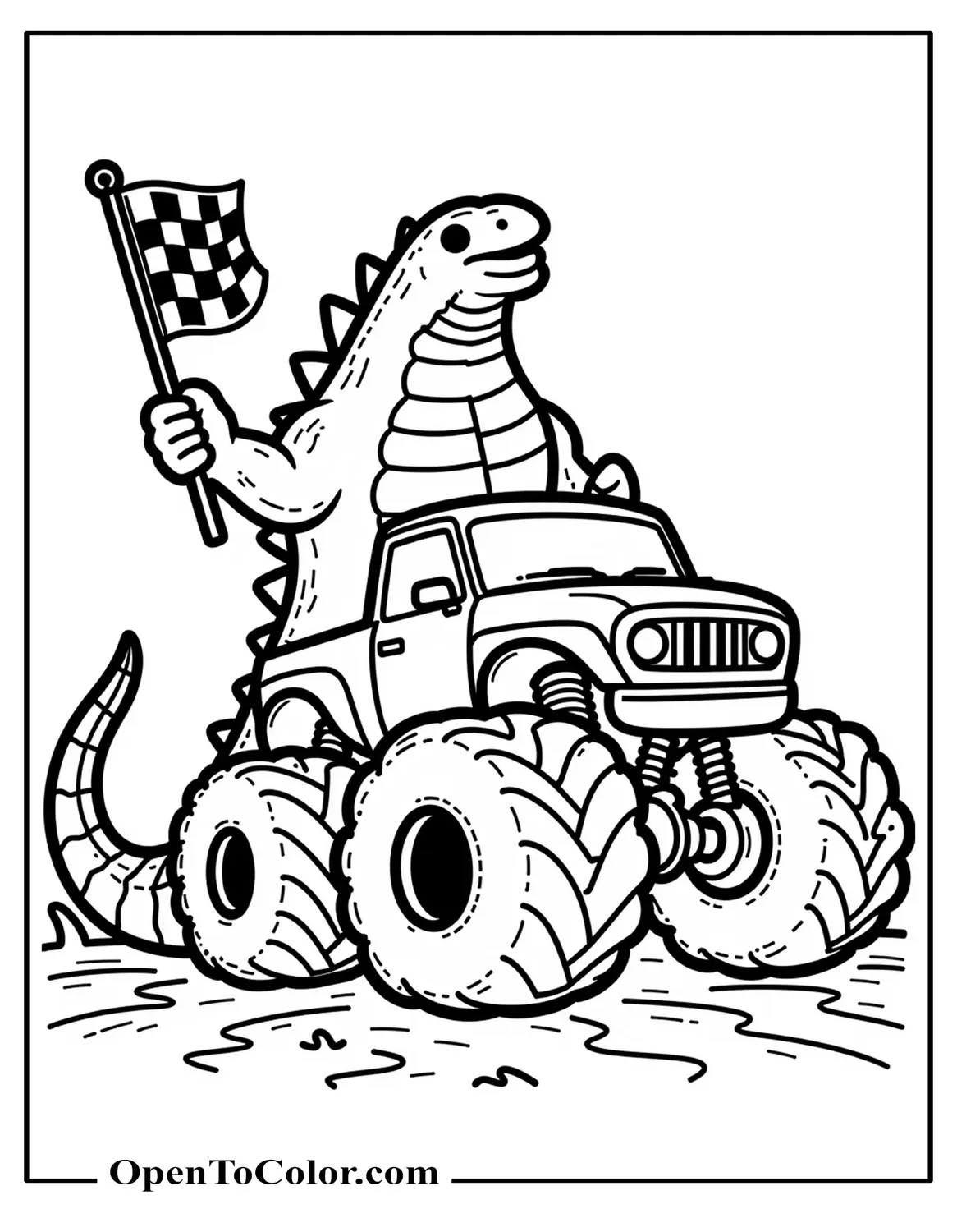 Free Coloring Sheet: Funko Pop Godzilla Waving a Checkered Flag at a Monster-Truck Race
