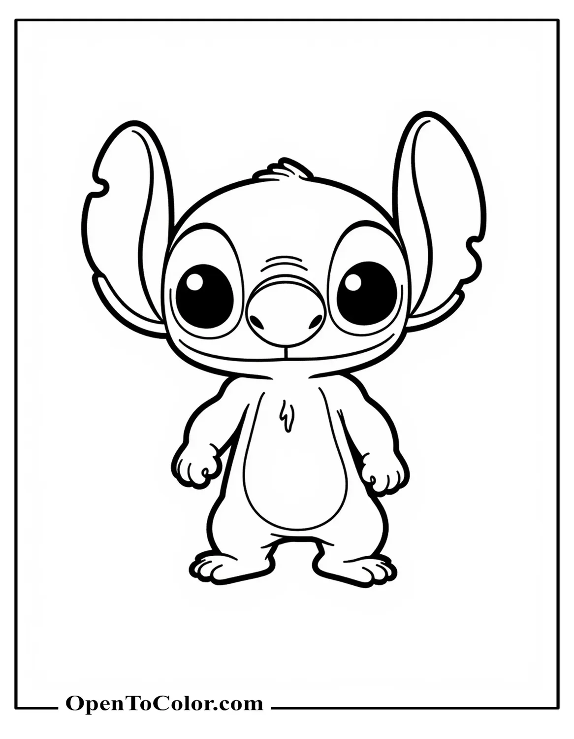 Free coloring page featuring Funko Pop style Stitch standing with big round eyes.