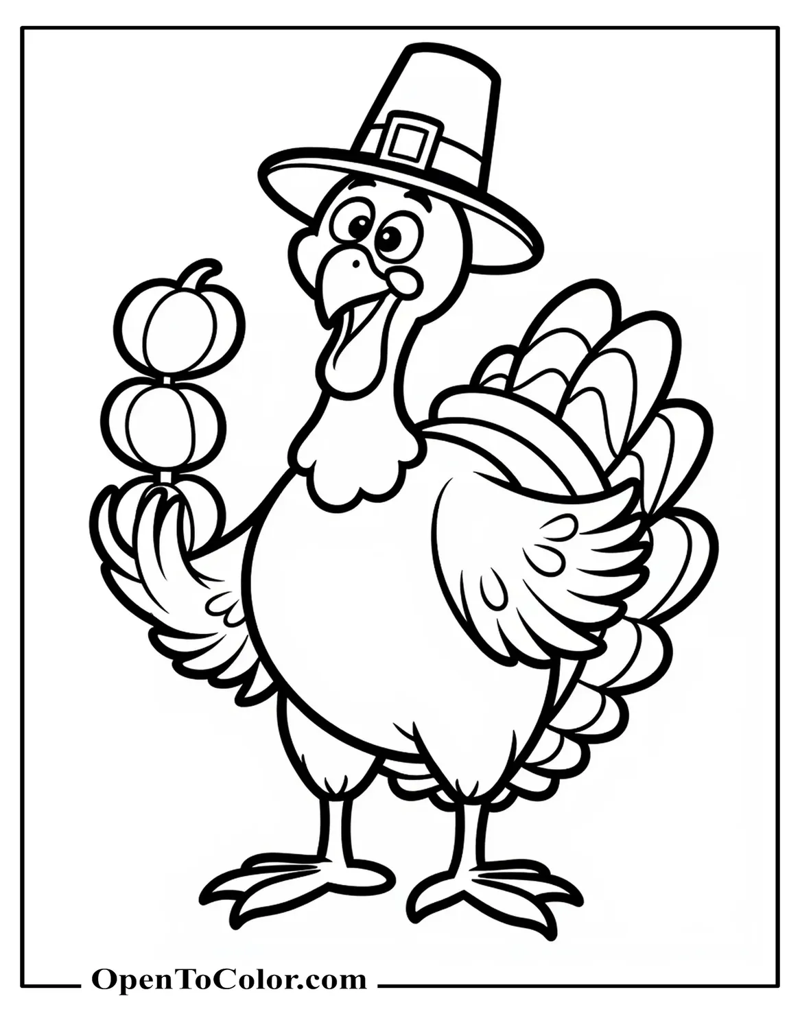 Printable Coloring Sheet of a Cartoon Turkey Wearing a Pilgrim Hat and Juggling Three Small Pumpkins