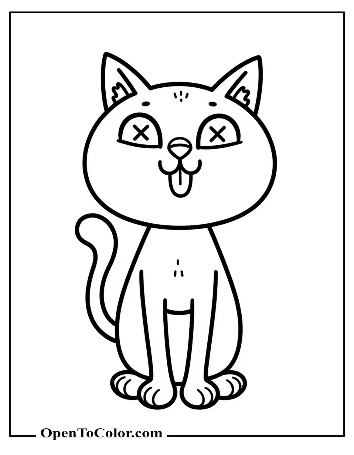 Coloring Page of Cat with Crossed Eyes and Tongue Sticking Out, Printable
