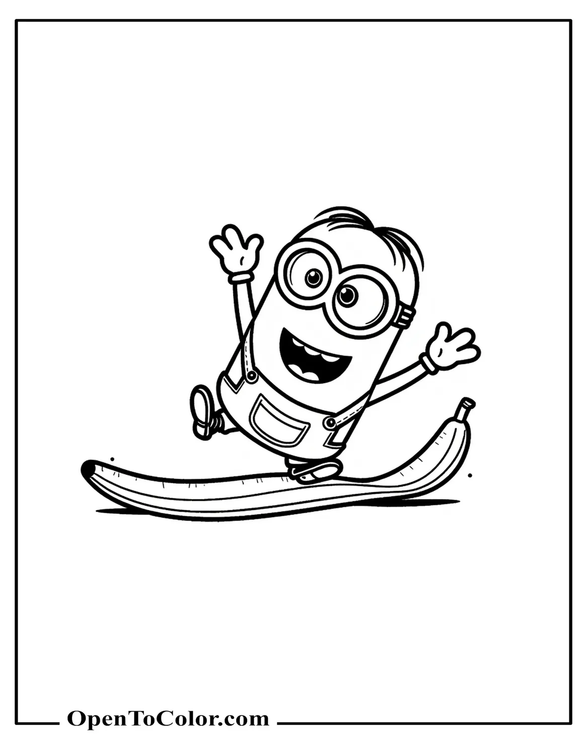Funny cartoon minion slipping on a banana peel, arms flailing, coloring page PDF.