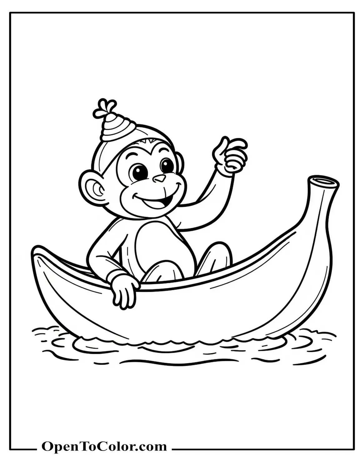 Funny Monkey With Tiny Cup Hat, Swimming In A Banana Shaped Canoe Coloring Page PDF