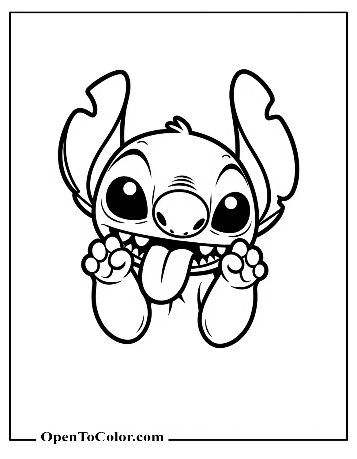 Stitch pulling silly face, tongue out crossed eyes coloring sheet PDF.