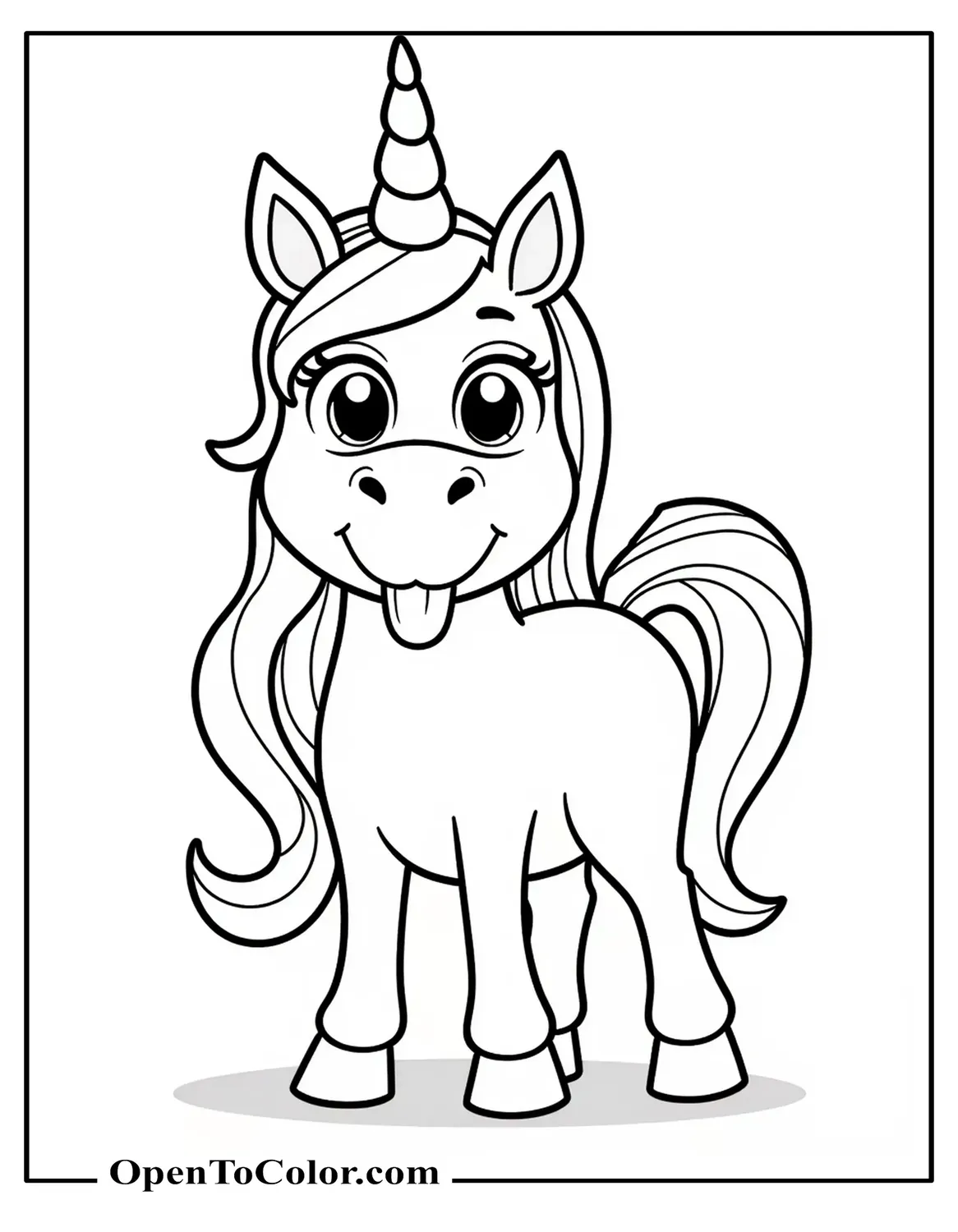 Free Coloring Sheet of Funny Unicorn with Silly Eyes and Long Tongue