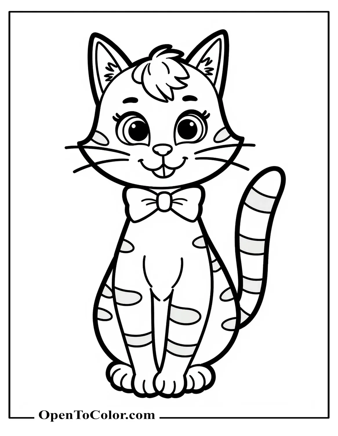 Gabby Cat from Gabby's Dollhouse wearing a bow and smiling, coloring sheet PDF.