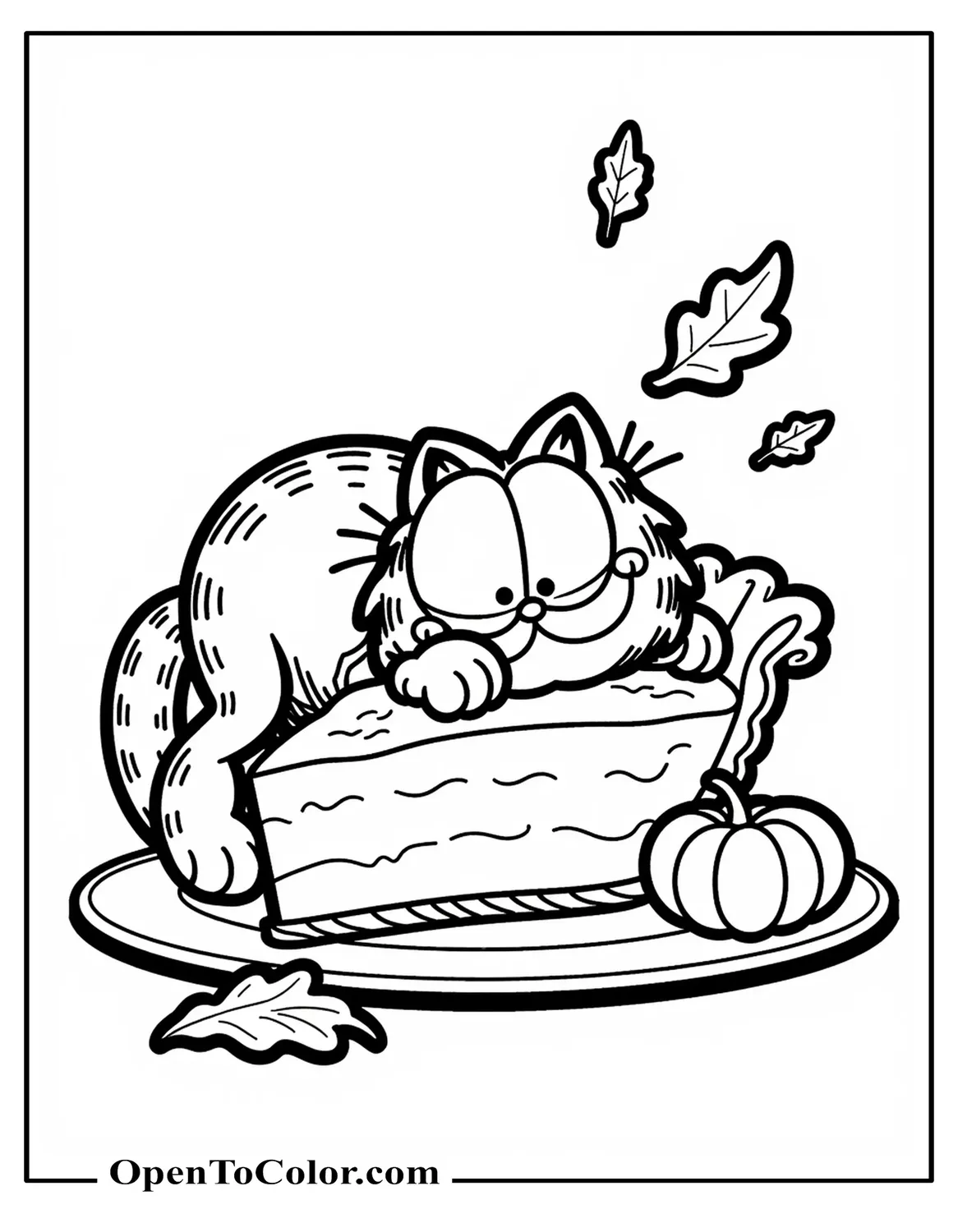 Free coloring page of Garfield lounging atop a slice of pumpkin pie while leaves drift around.