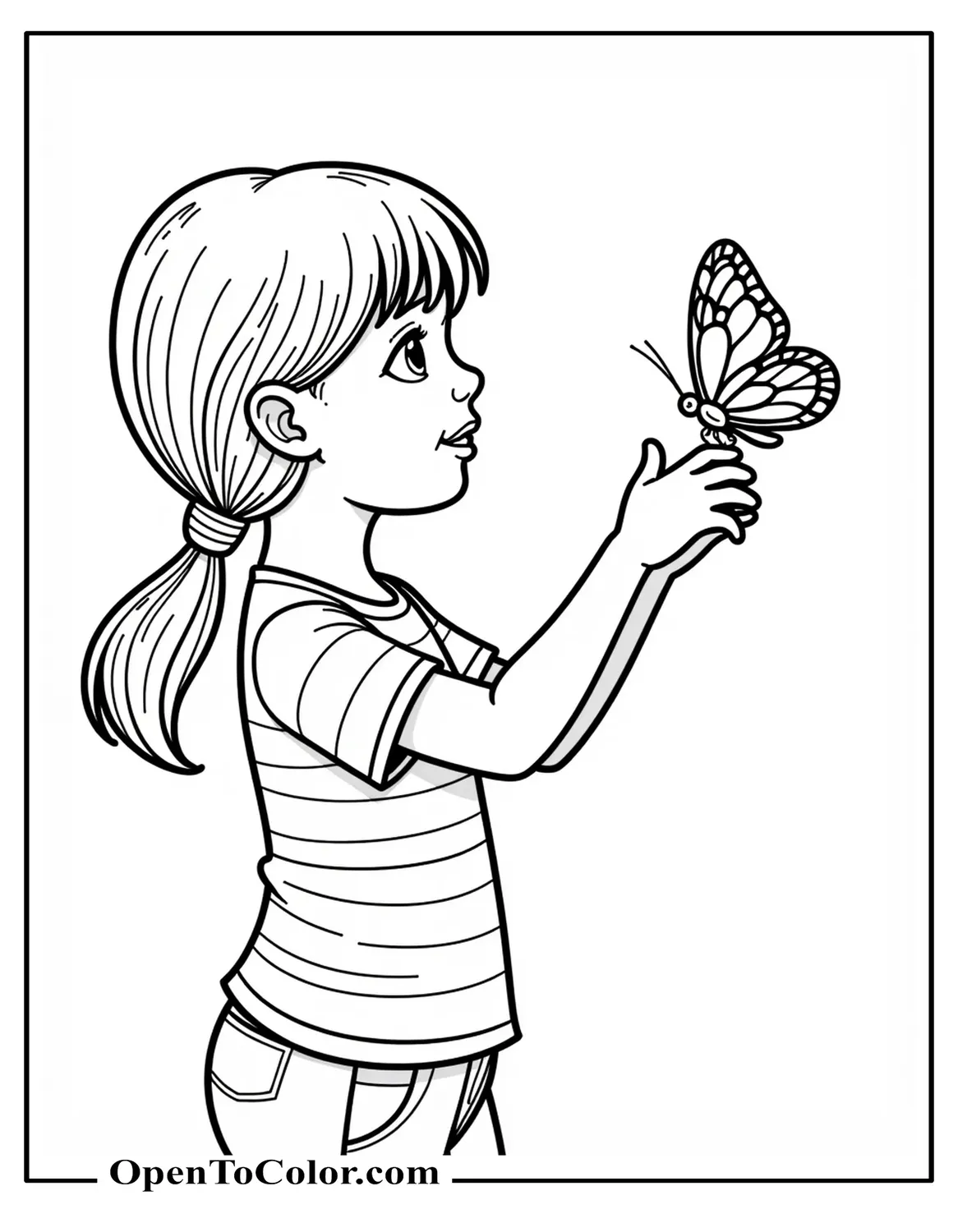 Printable Coloring Page of a Young Girl Reaching Out to a Butterfly Landing on Her Fingertip
