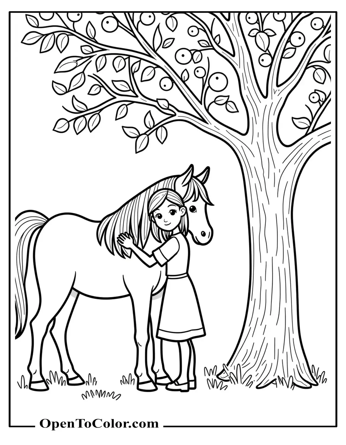 Free Coloring Page of Girl Hugging Horse Beneath Flowering Apple Tree