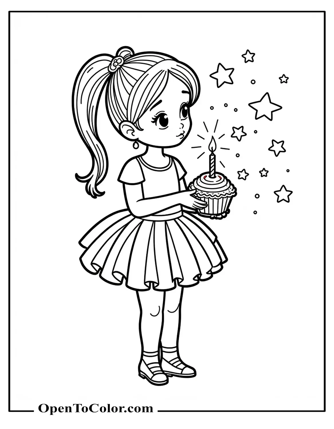 Printable Coloring Sheet of Girl Wearing Tutu Blowing Candle on Cupcake, Star Confetti