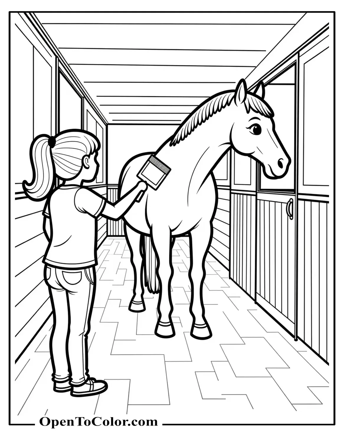 Girl Brushing Horse In Stable Aisle Coloring Sheet PDF