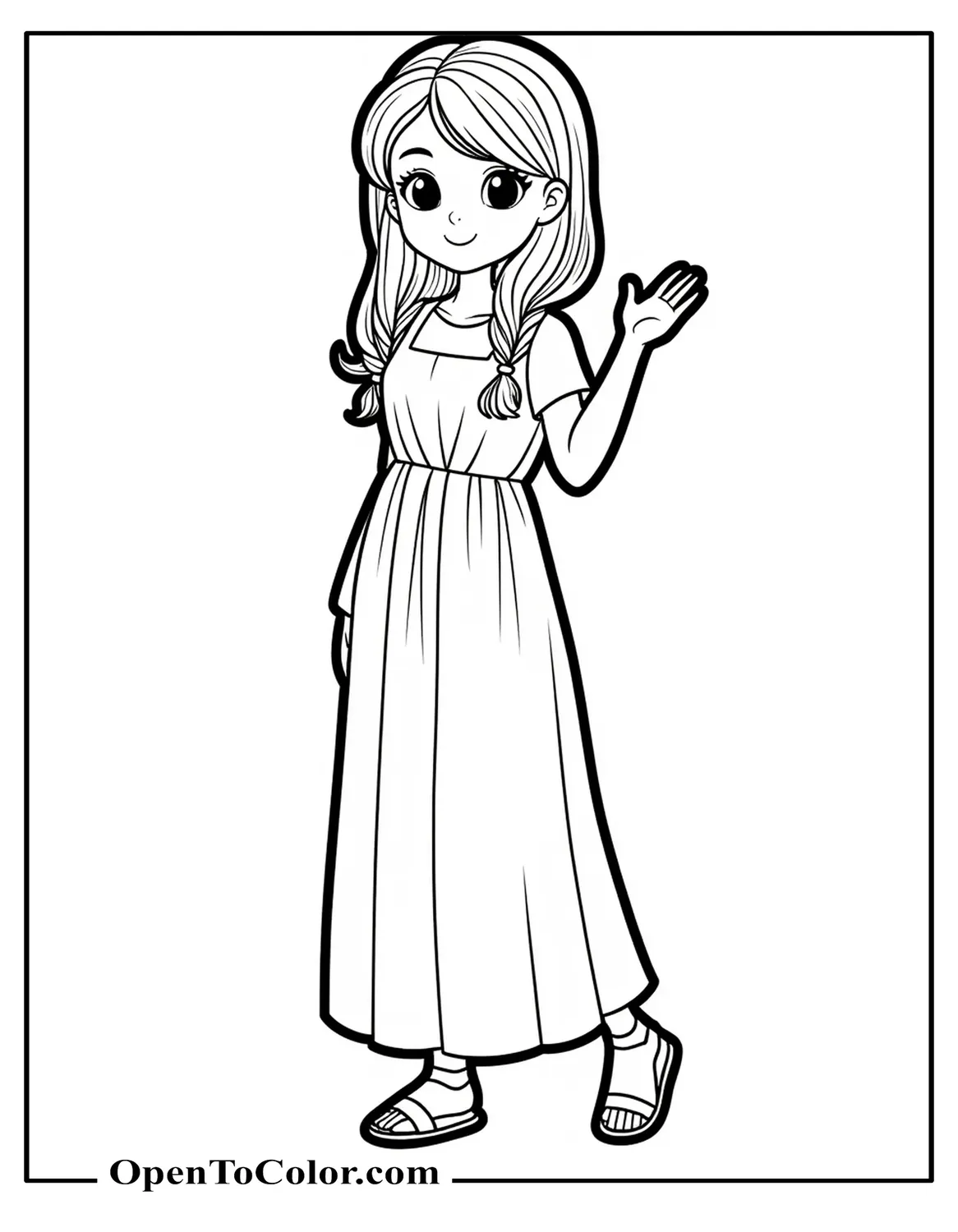 Girl Waving While Wearing Long Summer Dress And Sandals, Clear Outlines, No Shading, Coloring Page PDF