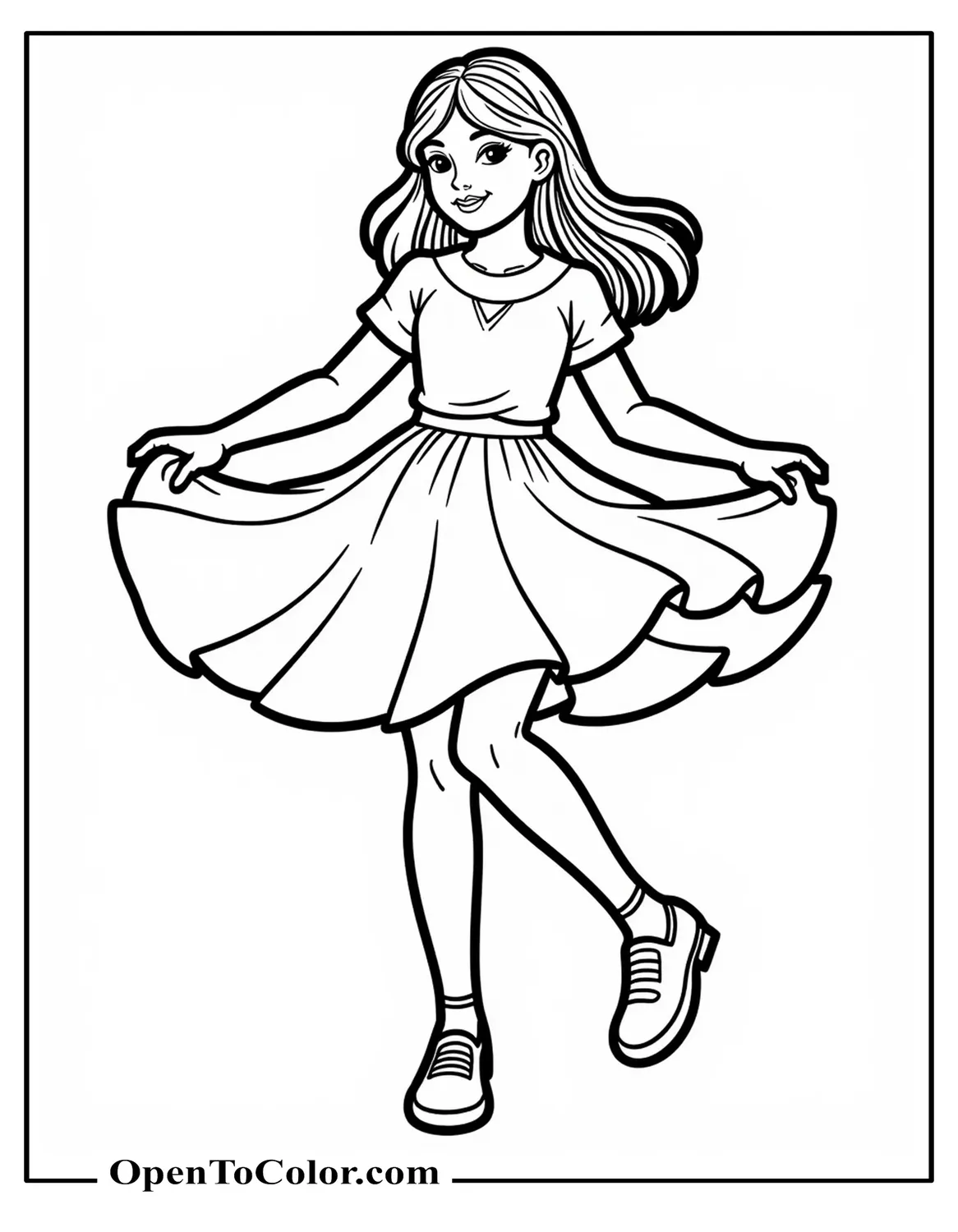 Girl Twirling In Knee‑Length Dress, Front View, Smooth Outlines, No Shading, Printable Coloring Sheet