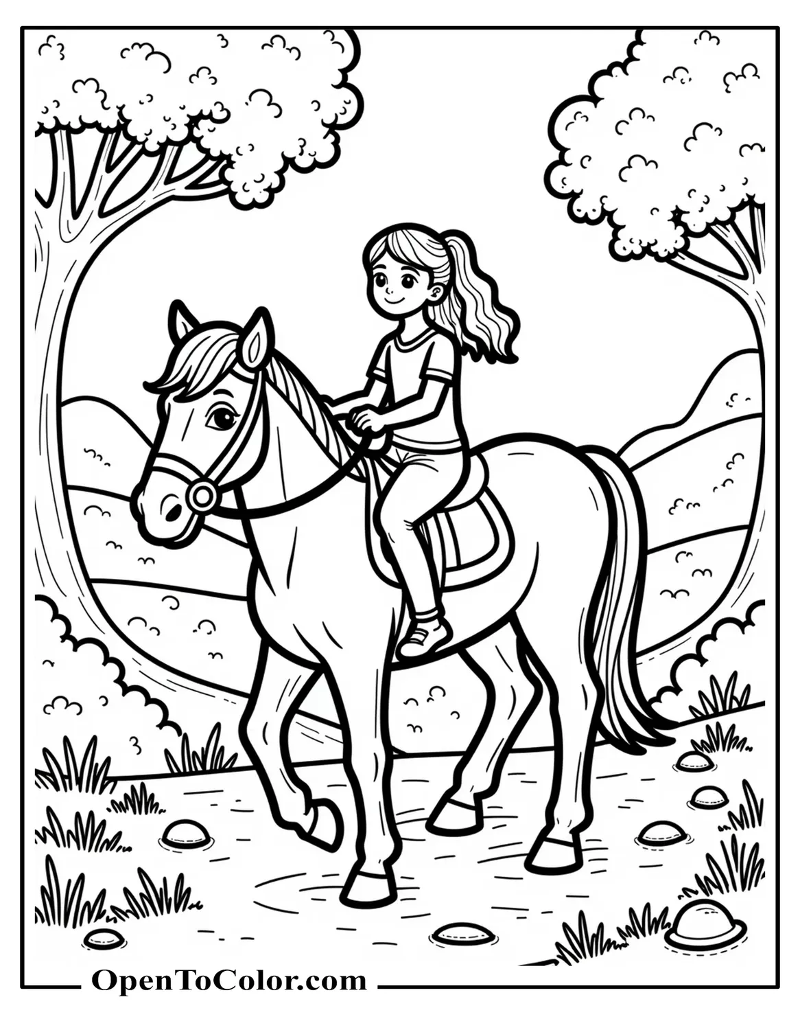 Coloring Page PDF of Young Girl Riding Pony Along Woodland Path