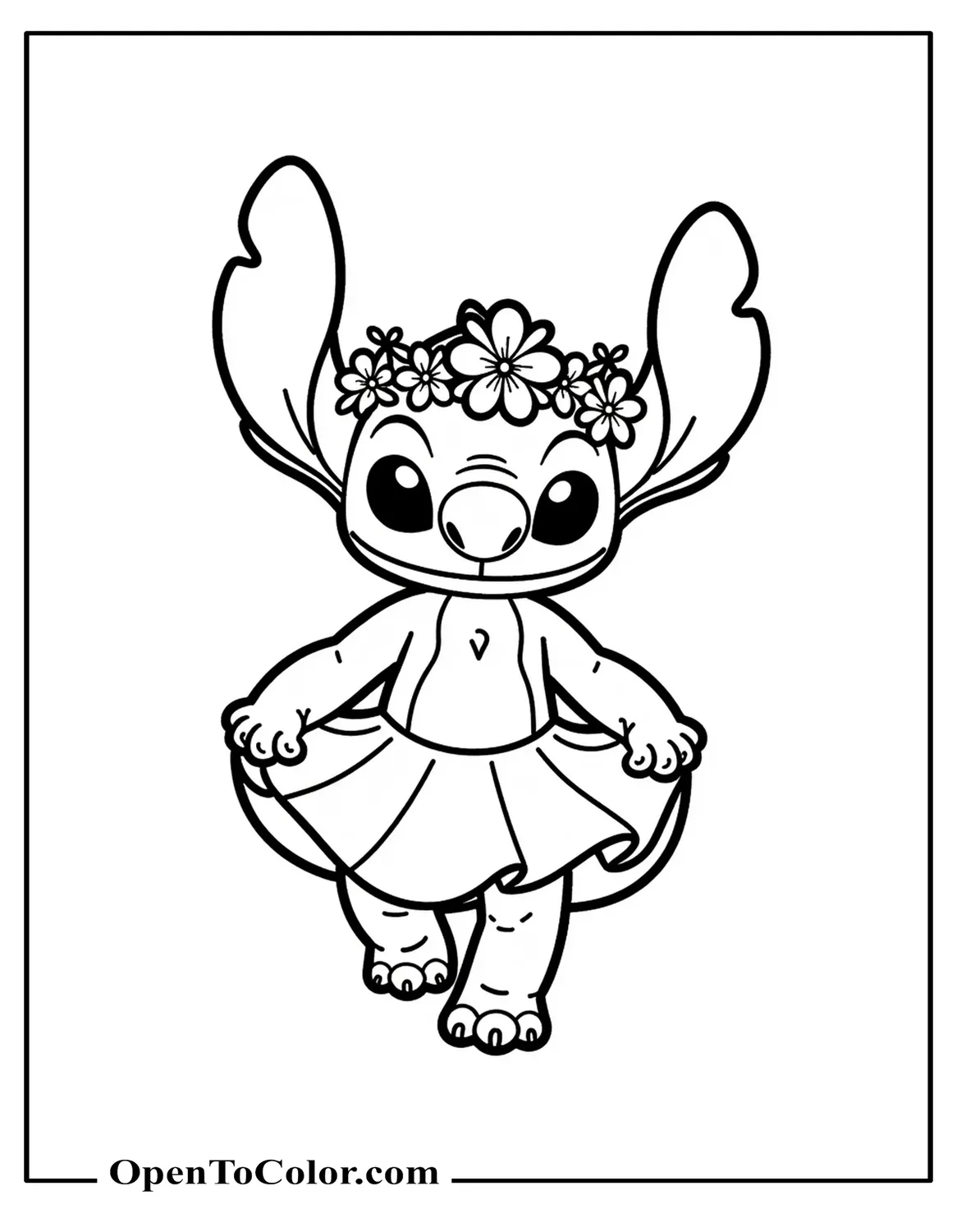 Free Coloring Sheet of Stitch Wearing Flower Crown and Skirt Striking a Twirl