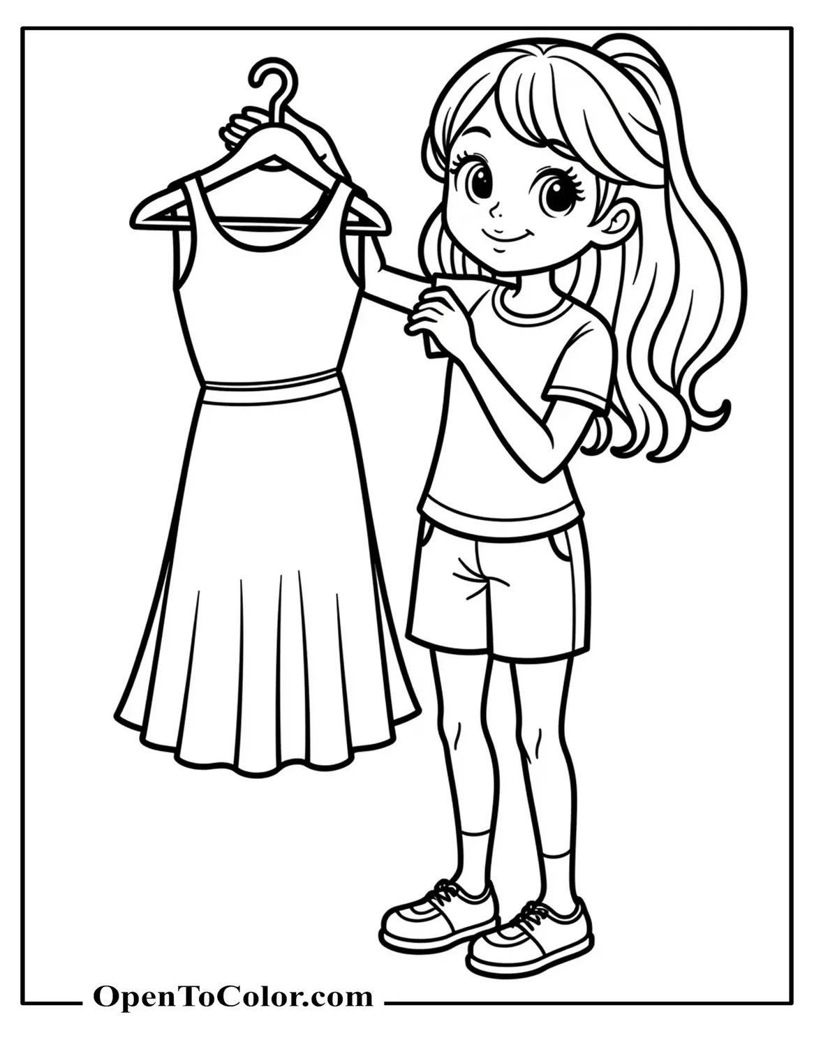 Girl Holding Up New Dress On Hanger And Smiling, Smooth Outlines, No Shadows, Printable Coloring Page