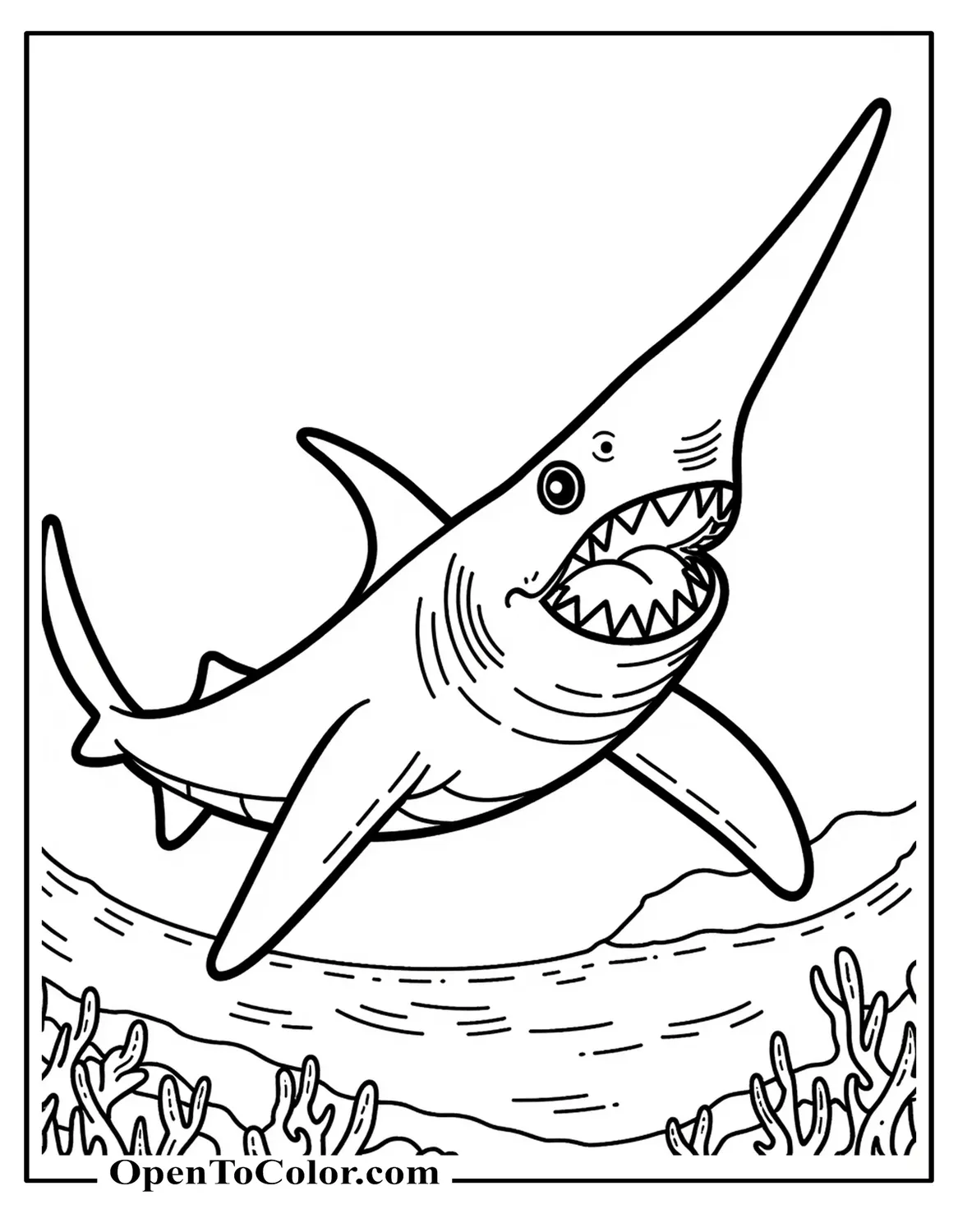 Goblin Shark Coloring Page PDF With Elongated Snout Drifting In Deep Sea