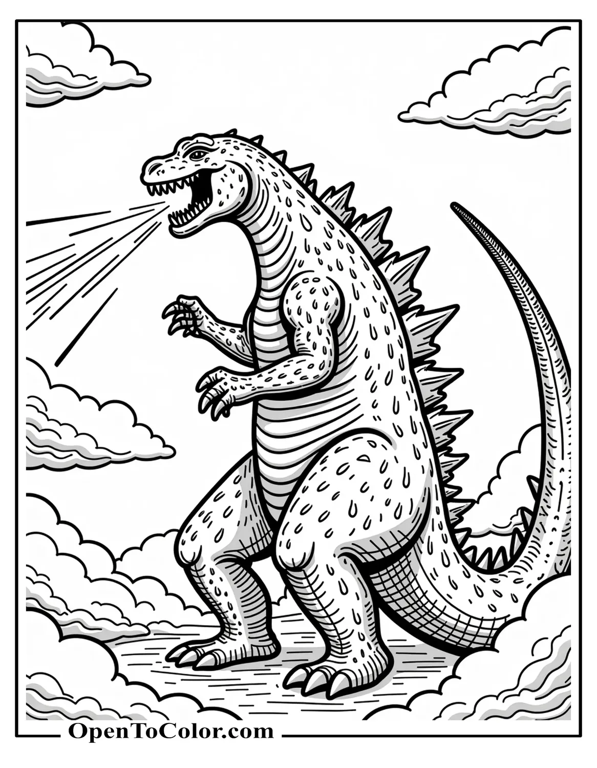 Godzilla Tilting Head Back Unleashing Atomic Breath Beam Into Storm Clouds, Energy-Surge Lines, Coloring Sheet PDF