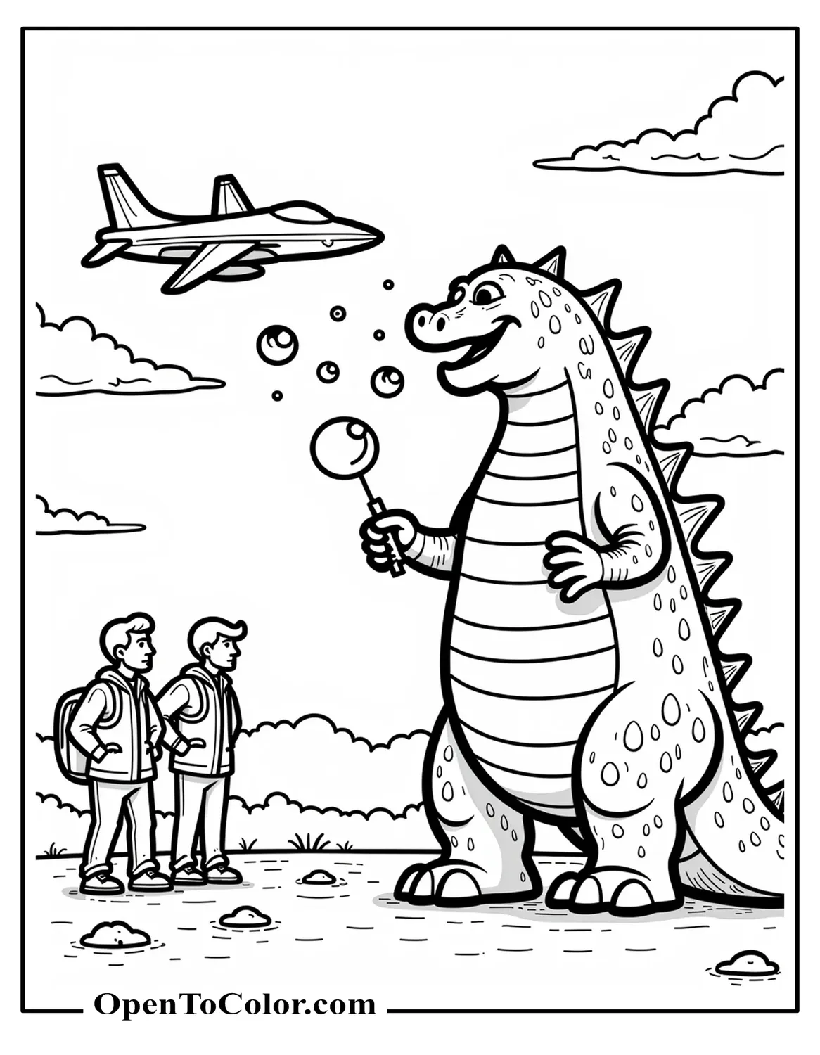 Free Godzilla Coloring Sheet Blowing Bubbles From a Soap Wand