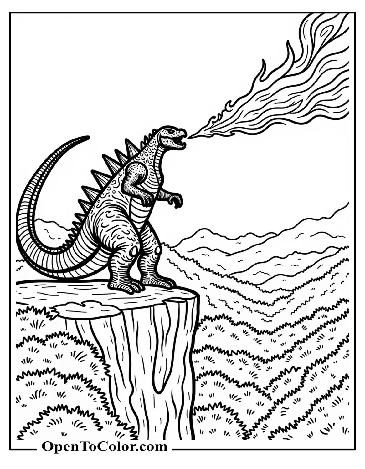 Free Coloring Page: Godzilla On Cliff Edge Breathing A Wide Arc Of Fire Over A Valley, Charred Trees Below