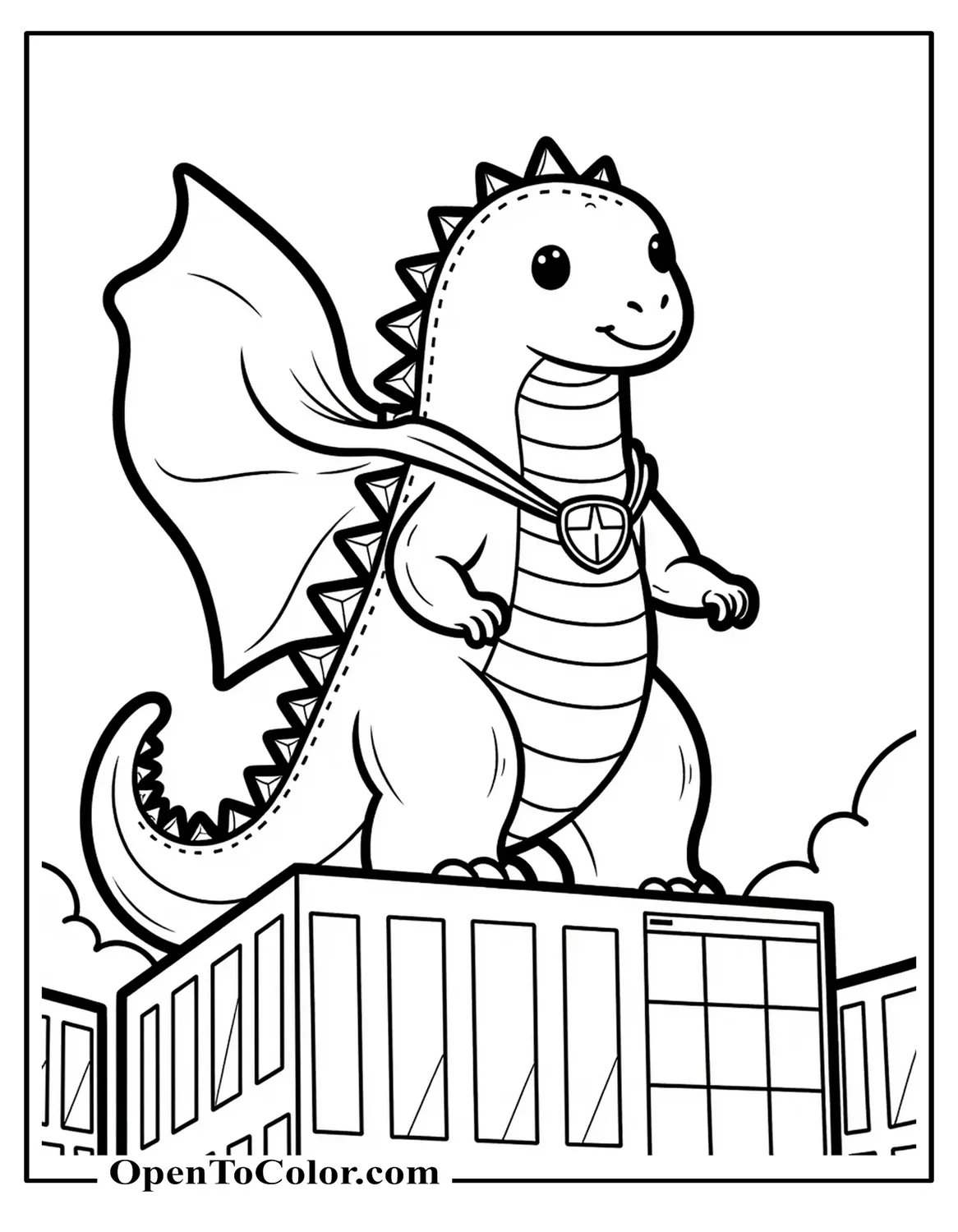 Free Coloring Page of Kawaii Godzilla Dressed as a Superhero, Cape Fluttering Atop a Building