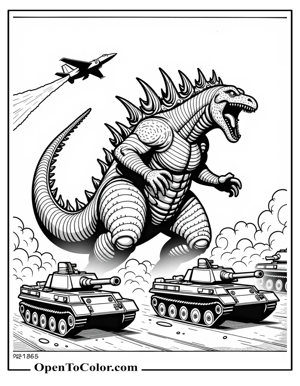 Free Coloring Sheet: Godzilla Advancing While Tanks and Jets Attack, Explosions at His Feet, Dramatic Military Confrontation