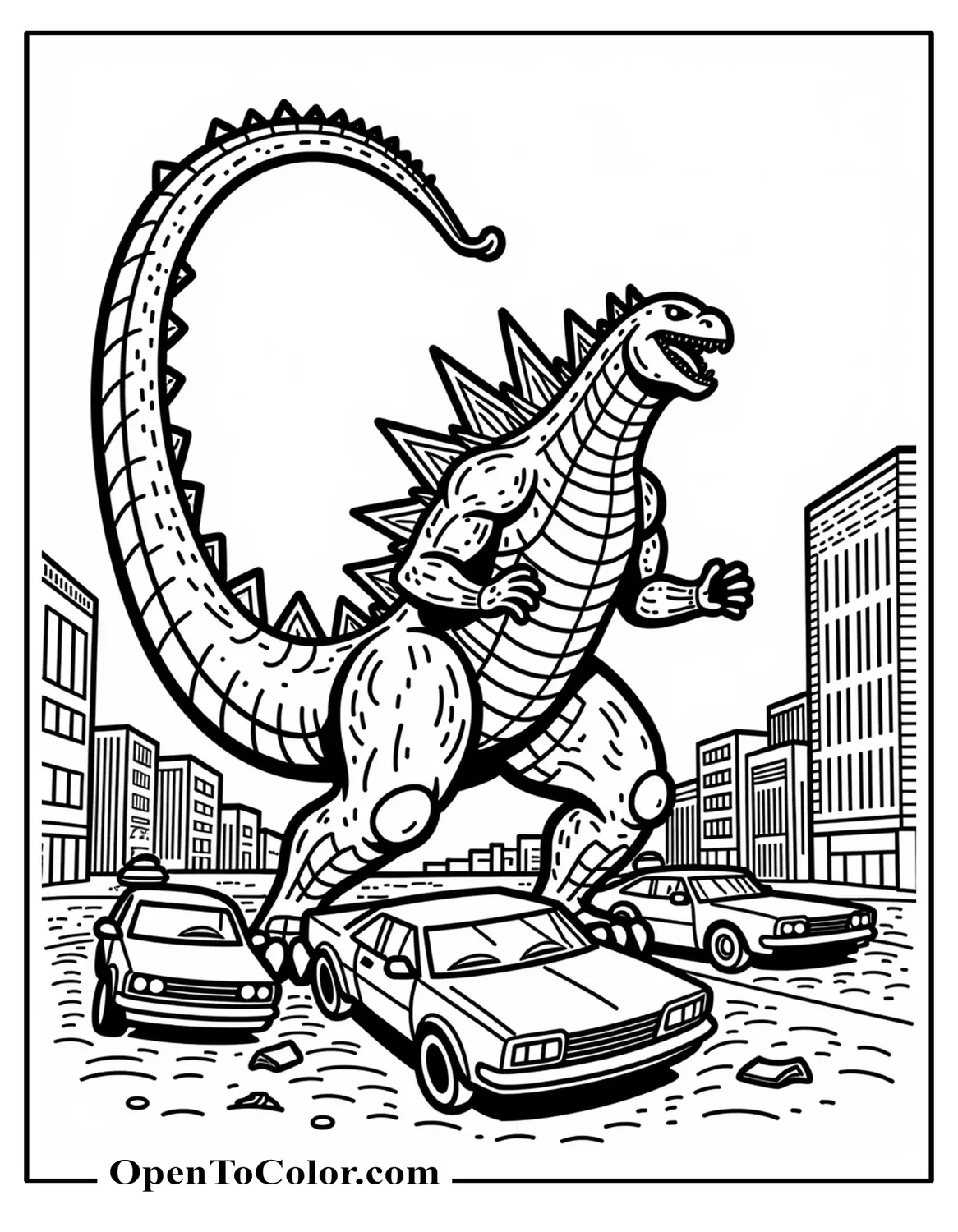 Printable Coloring Page of Godzilla Tail Sweeping a Skyscraper, Debris Flying, Cars Tumbling, City Destruction