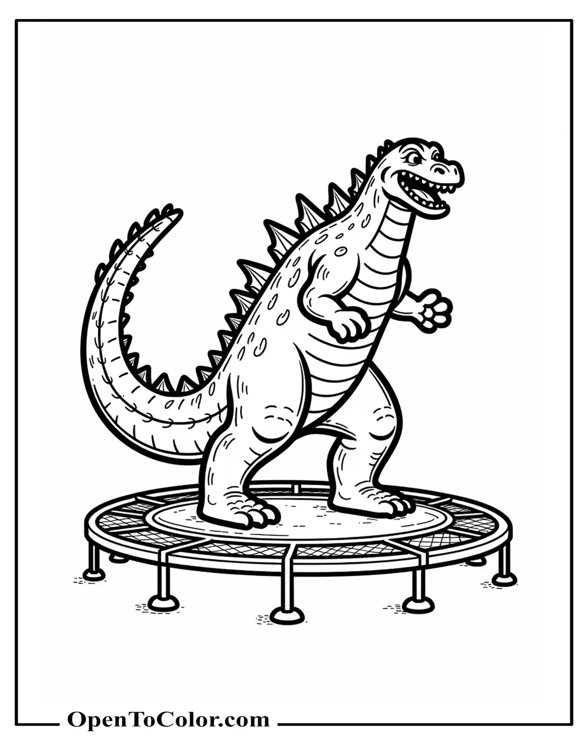 Printable Coloring Page of Playful Godzilla Bouncing on a Trampoline