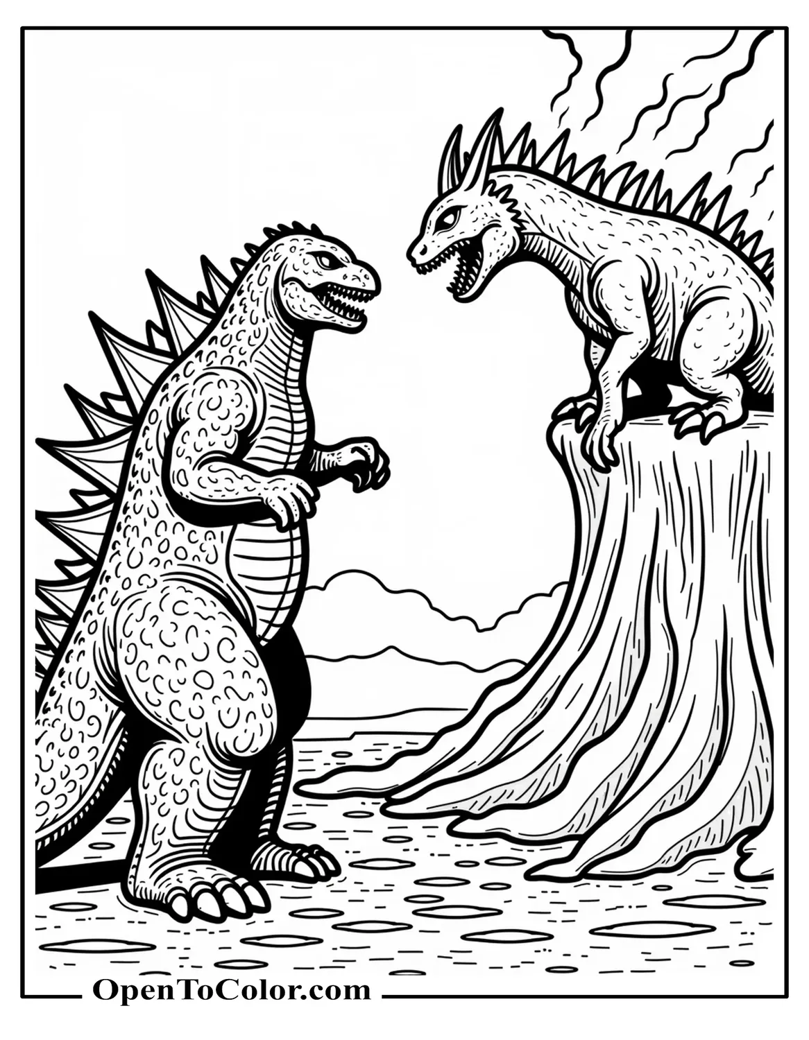 Printable Coloring Sheet of Baby Godzilla Napping on a Stack of Crushed Cars Beneath a Full Moon