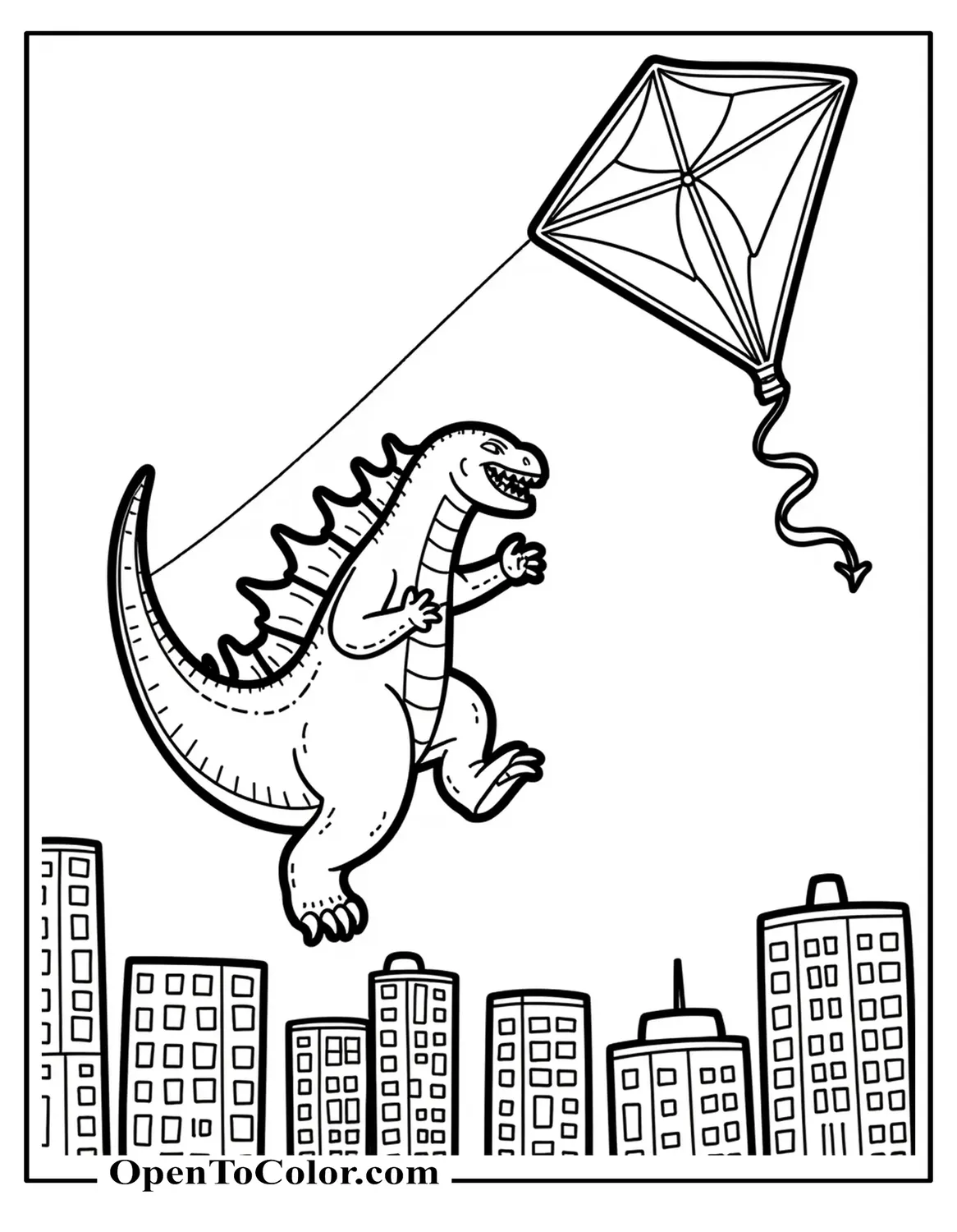 Free Cartoon Godzilla Flying a Kite Shaped Like Mothra Over Skyscrapers Coloring Sheet