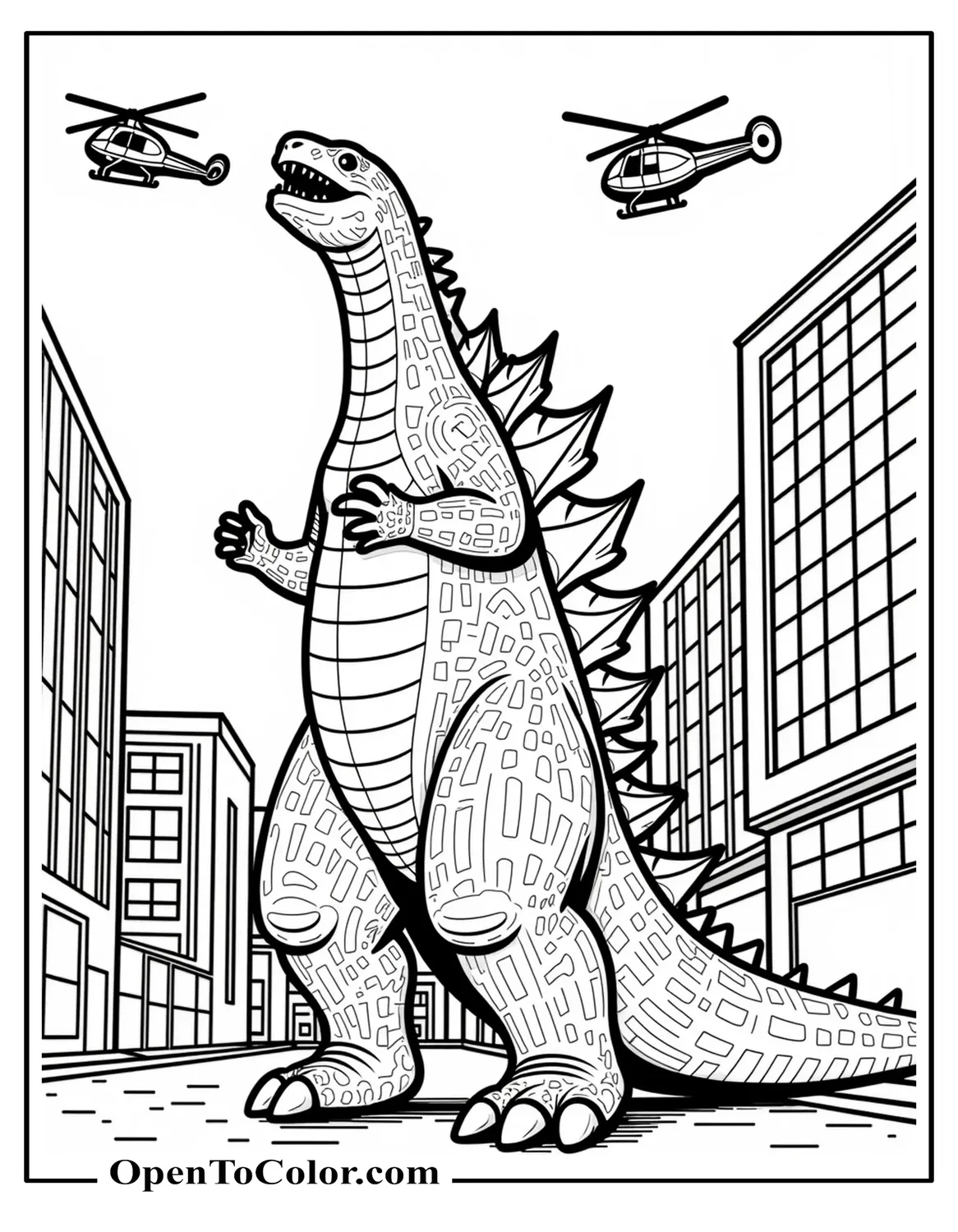 Coloring Page PDF of Godzilla Towering Between Buildings, Three Helicopters Circling